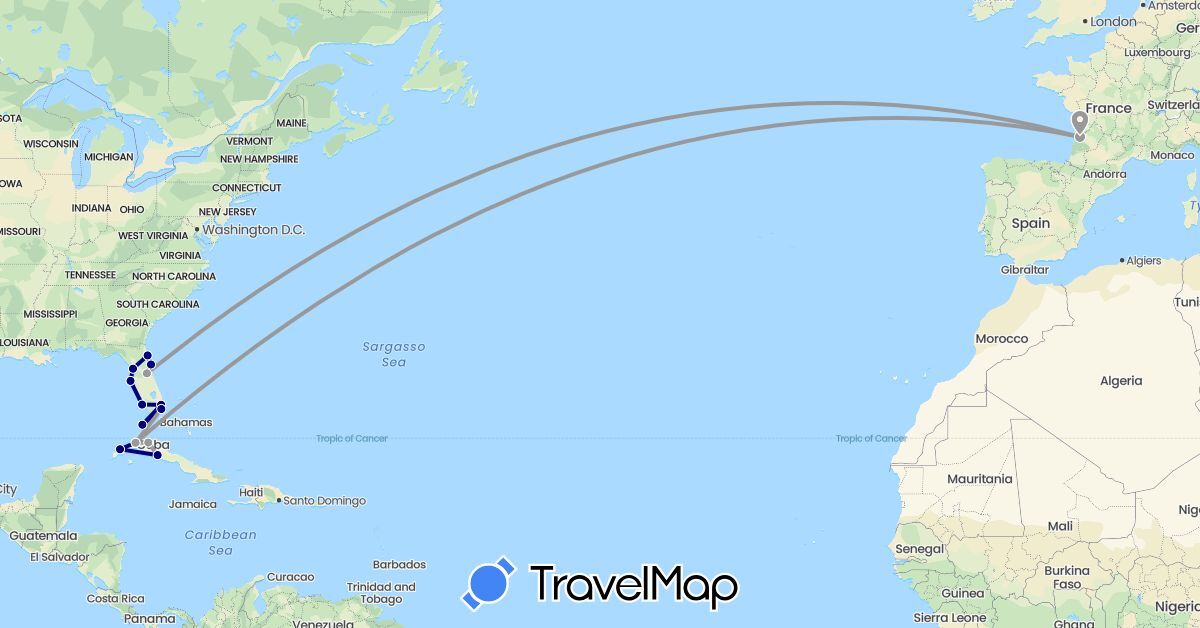 TravelMap itinerary: driving, plane in Cuba, France, United States (Europe, North America)